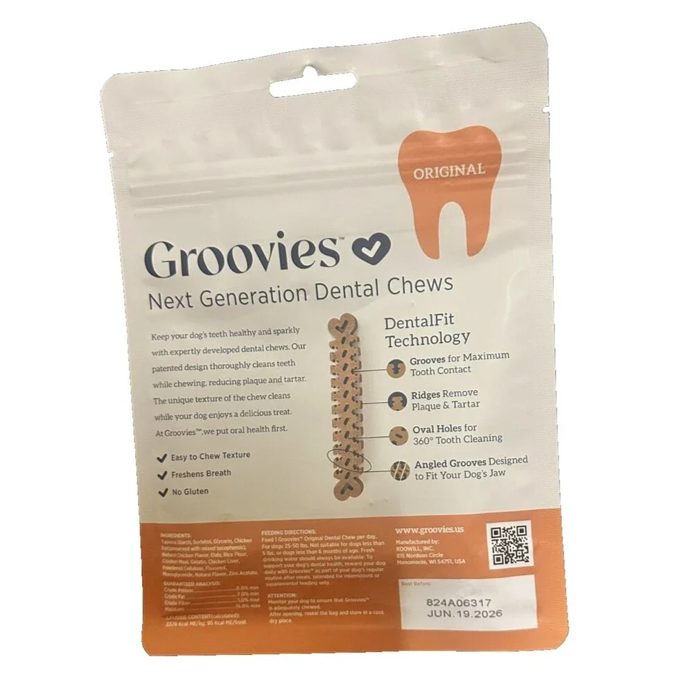 Groovies Original Dental Chews Large Dog 25-50lbs-6ct 360 Tooth Cleaning Tech.